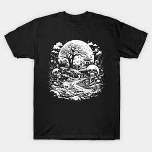 White Night of Magical Hut in Psychedelic Forest With Skulls, Macabre T-Shirt